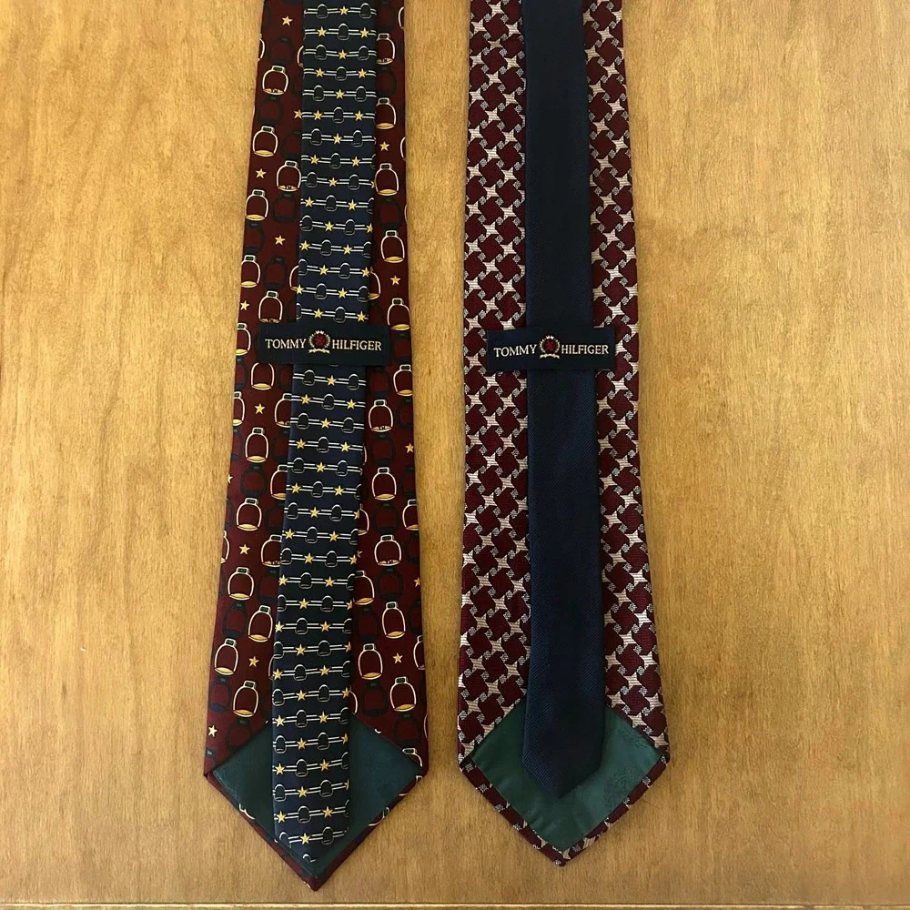 Tommy Hilfiger Mens Silk Tie Lot 2 Burgundy Equestrian Stirrup Geometric Stars